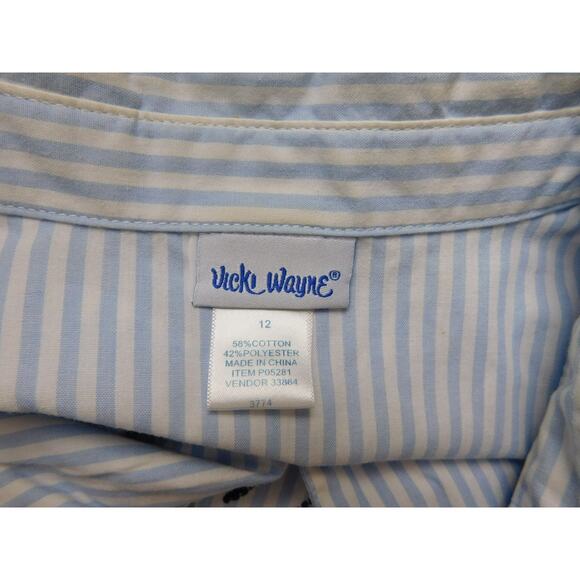 Vicky Wayne Shirt 12 Large Blue White Stripes Embroidered Flowers Long Sleeve - Picture 6 of 7